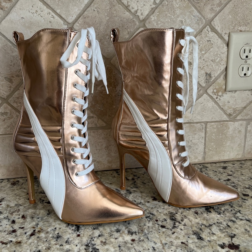 Metallic Rose Gold Lace-Up Heeled Boots with White Accent